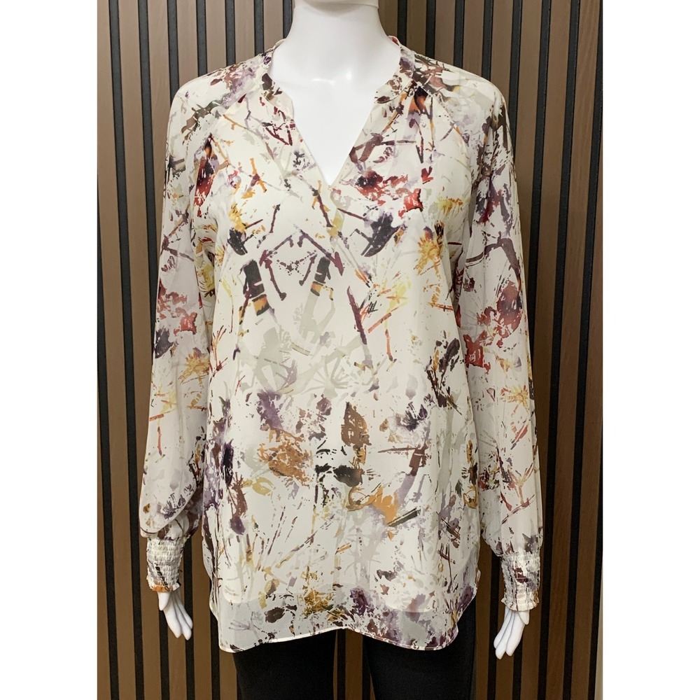 Cabi Women's Sprig Blouse Abstract Floral V-Neck Smocked Cuff Top XS